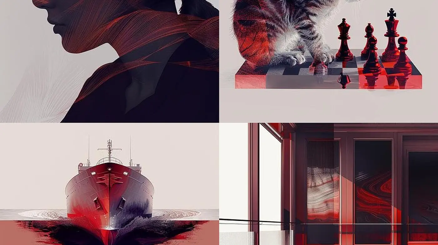 Mysterious Elegance in Grayscale and Crimson: A Unified Style Across Varied Imagery - Midjourney sref style