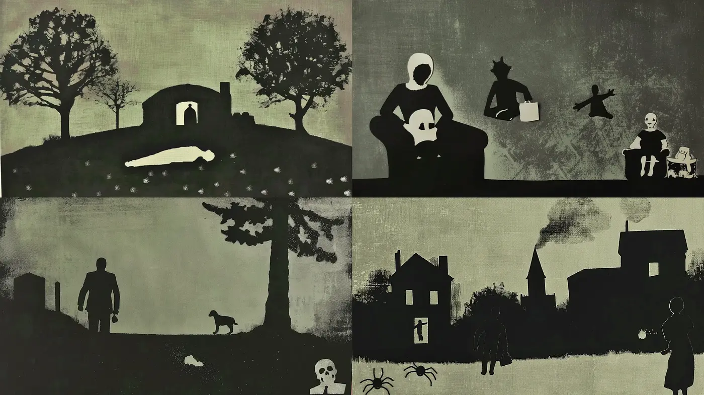 Eerie Monochrome Silhouettes in Twilight Ambience - Midjourney sref style