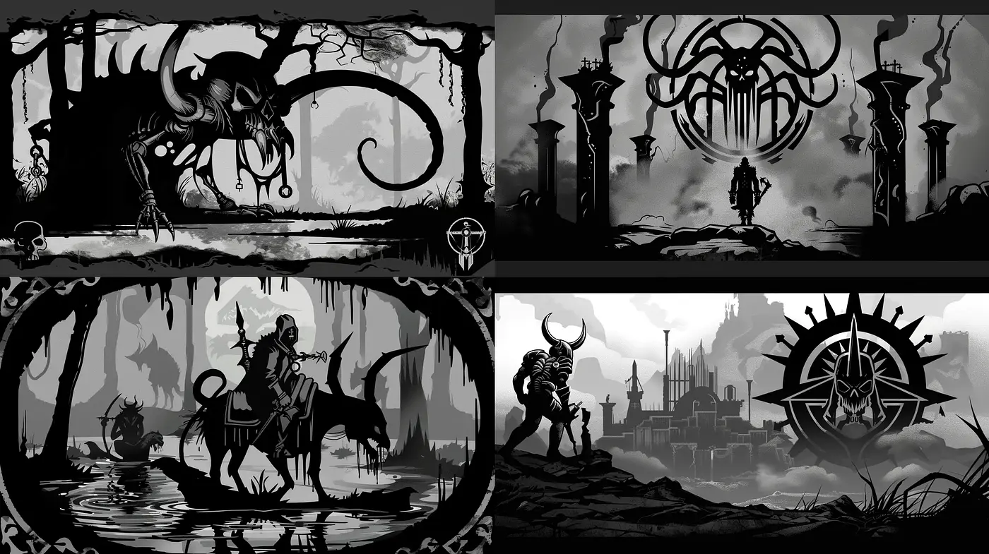 Monochromatic Gothic Fantasy with Stylized Silhouettes - Midjourney sref style