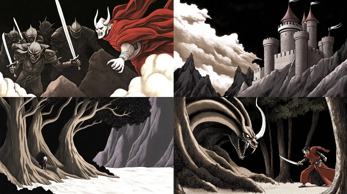 Gothic Fantasy Realms and Epic Battles in Monochromatic Shades - Midjourney sref style