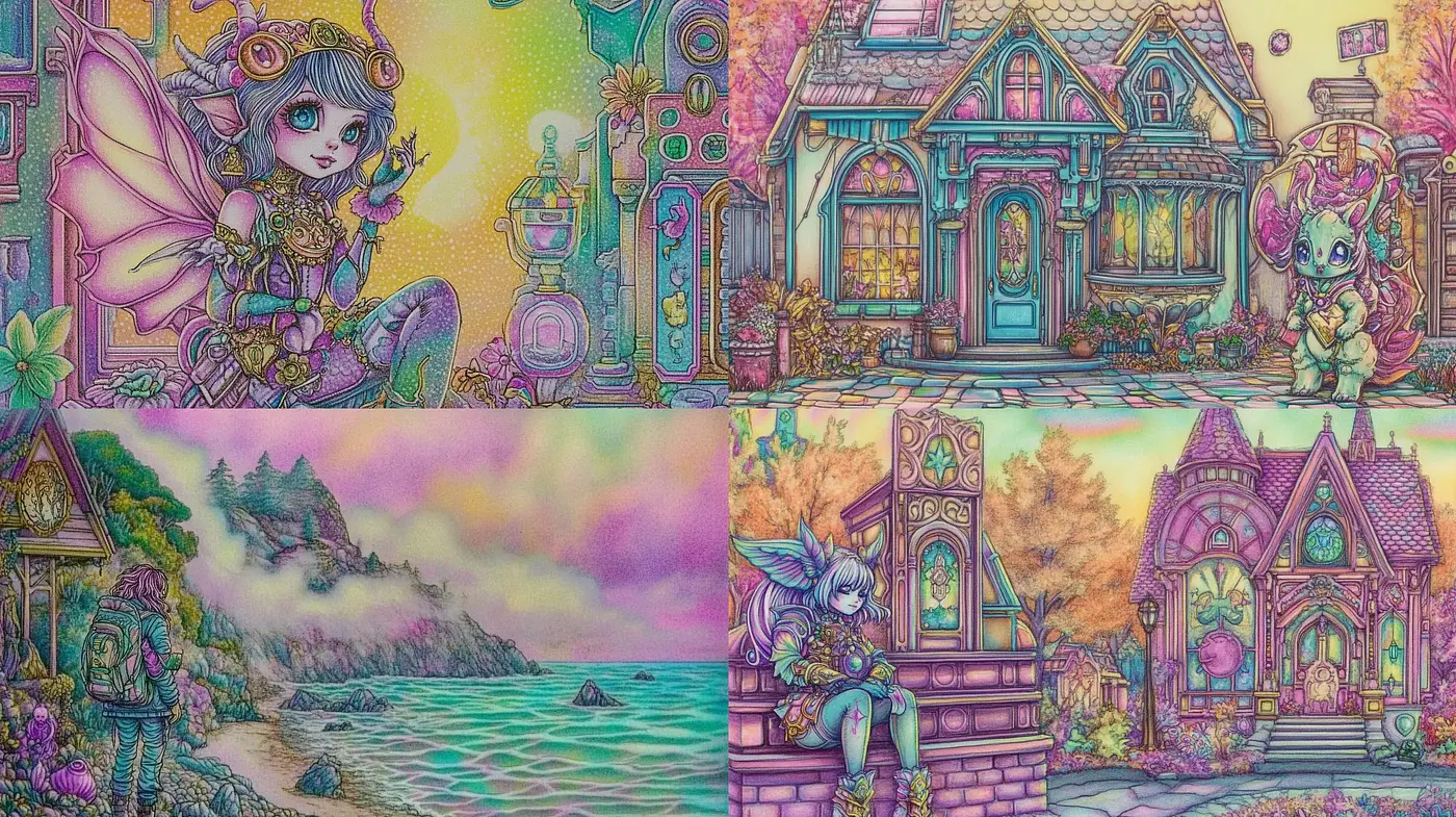 Whimsical Fairyland Traverse: A Fusion of Storybook Charm and Psychedelic Vibrance - Midjourney sref style