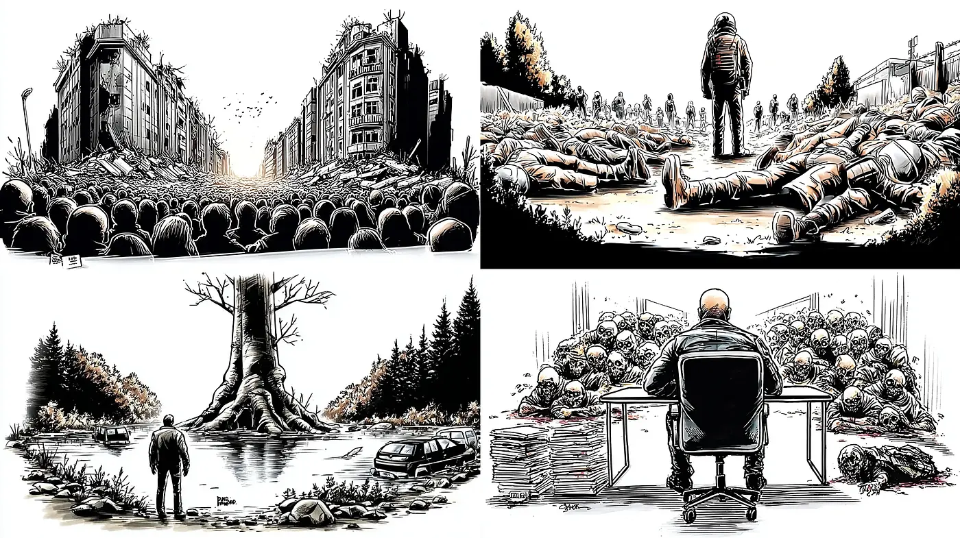 Dystopian Illustrations with Stark Contrasts and Dark Themes - Midjourney sref style