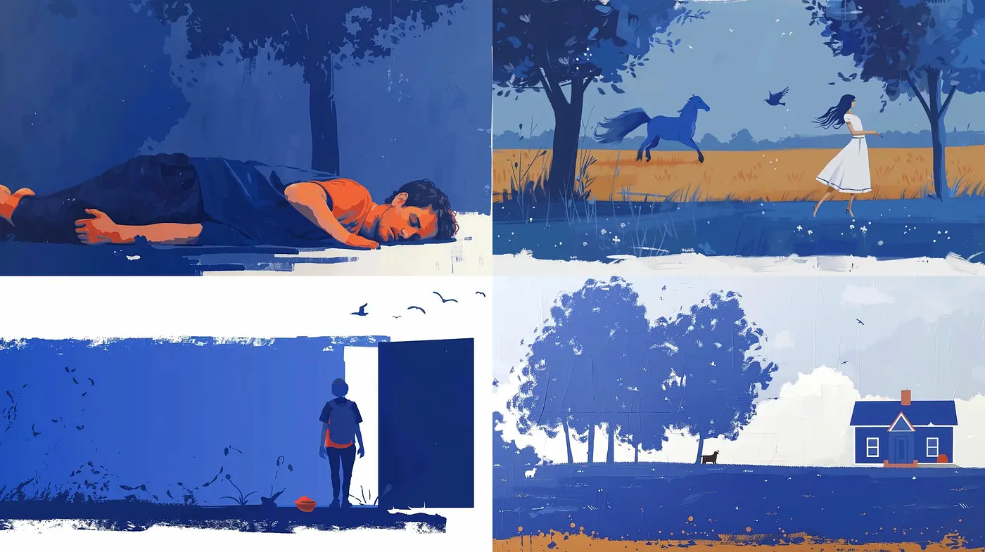 Twilight Contemplation in Stylized Contrast: A Study in Blue-Orange Dichotomy and Bold Textures - Midjourney sref style