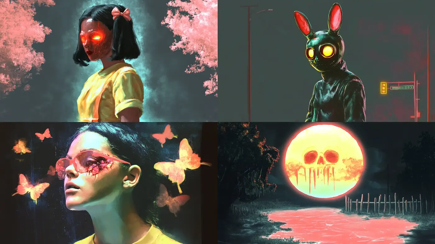 Surreal Twilight Dreamscape with Neon Accents - Midjourney sref style