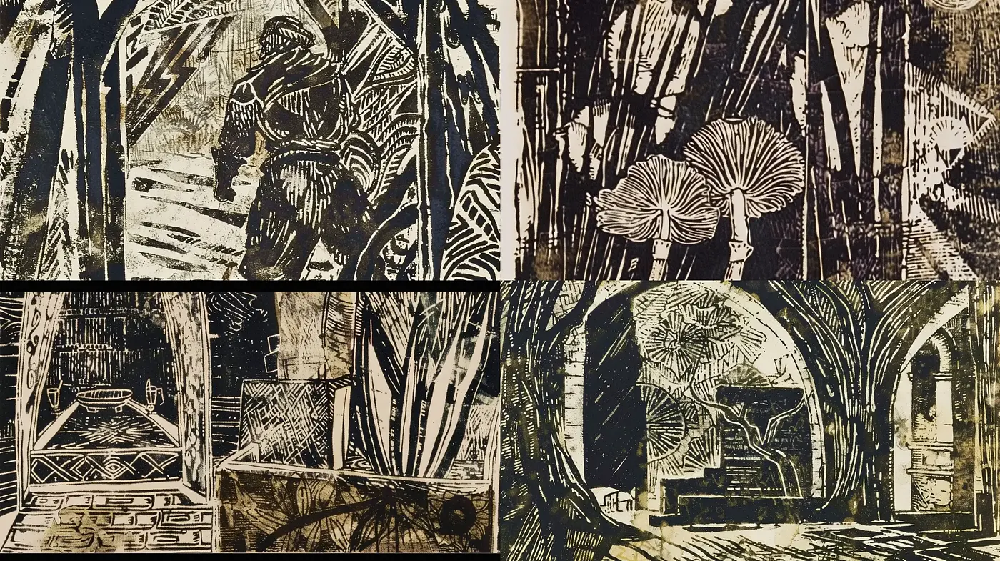 Abstract Woodcut-Inspired Textural Fusion - Midjourney sref style