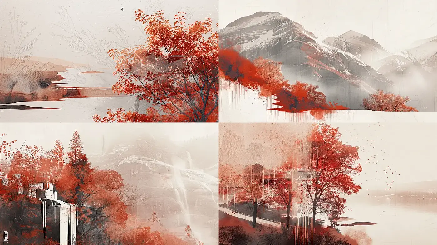 Serene Landscape with Minimalist Brushwork and Monochromatic Accents - Midjourney sref style