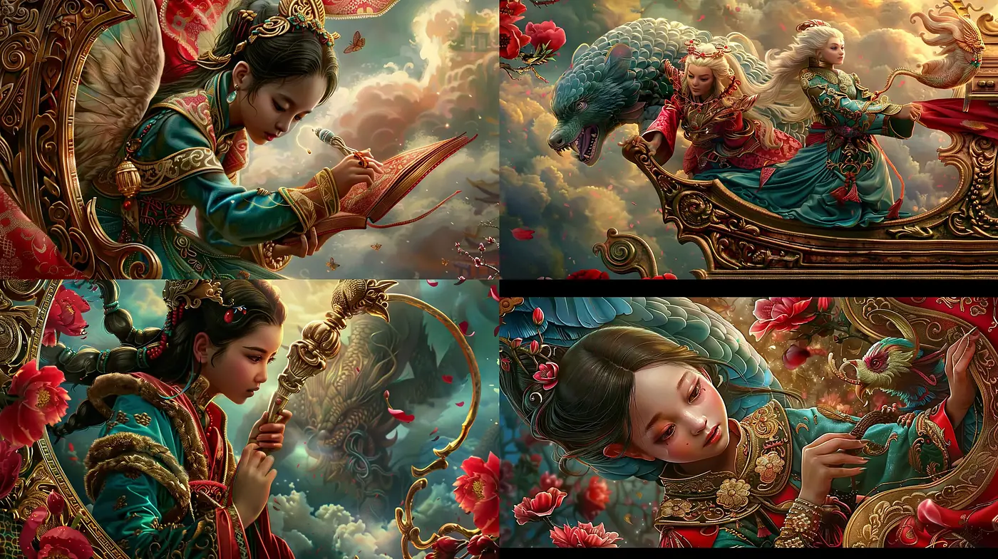 Ornate Mythic Elegance: A Fusion of Fantastical Realism and Traditional Eastern Artistry - Midjourney sref style