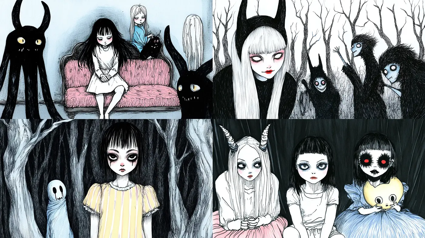 Eerie Enchantment: A Fusion of Dark Fantasy and Gothic Innocence - Midjourney sref style