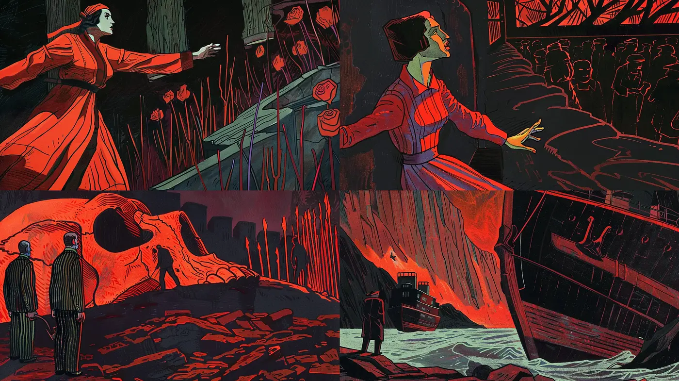 Dynamic Expressionist Drama: A Symphony of Crimson and Shadow - Midjourney sref style