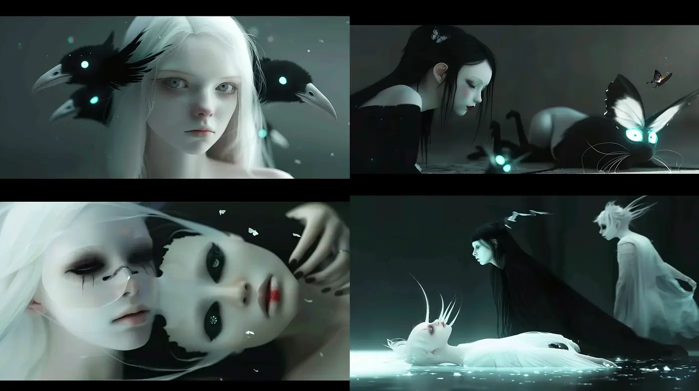 Ethereal Monochromatic Dreamscape with Surreal Accents - Midjourney sref style
