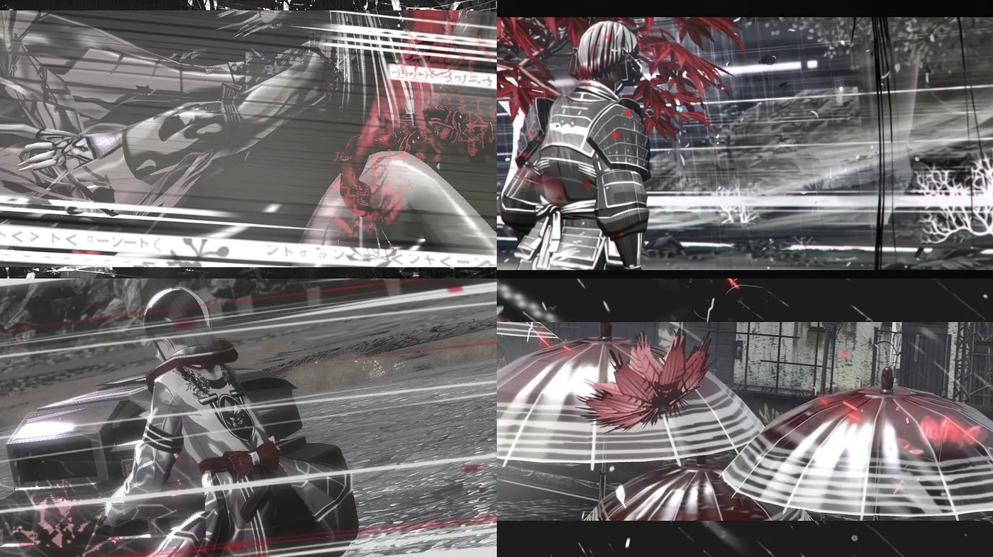 Monochromatic Cyberpunk Tableau with Red Accents - Midjourney sref style