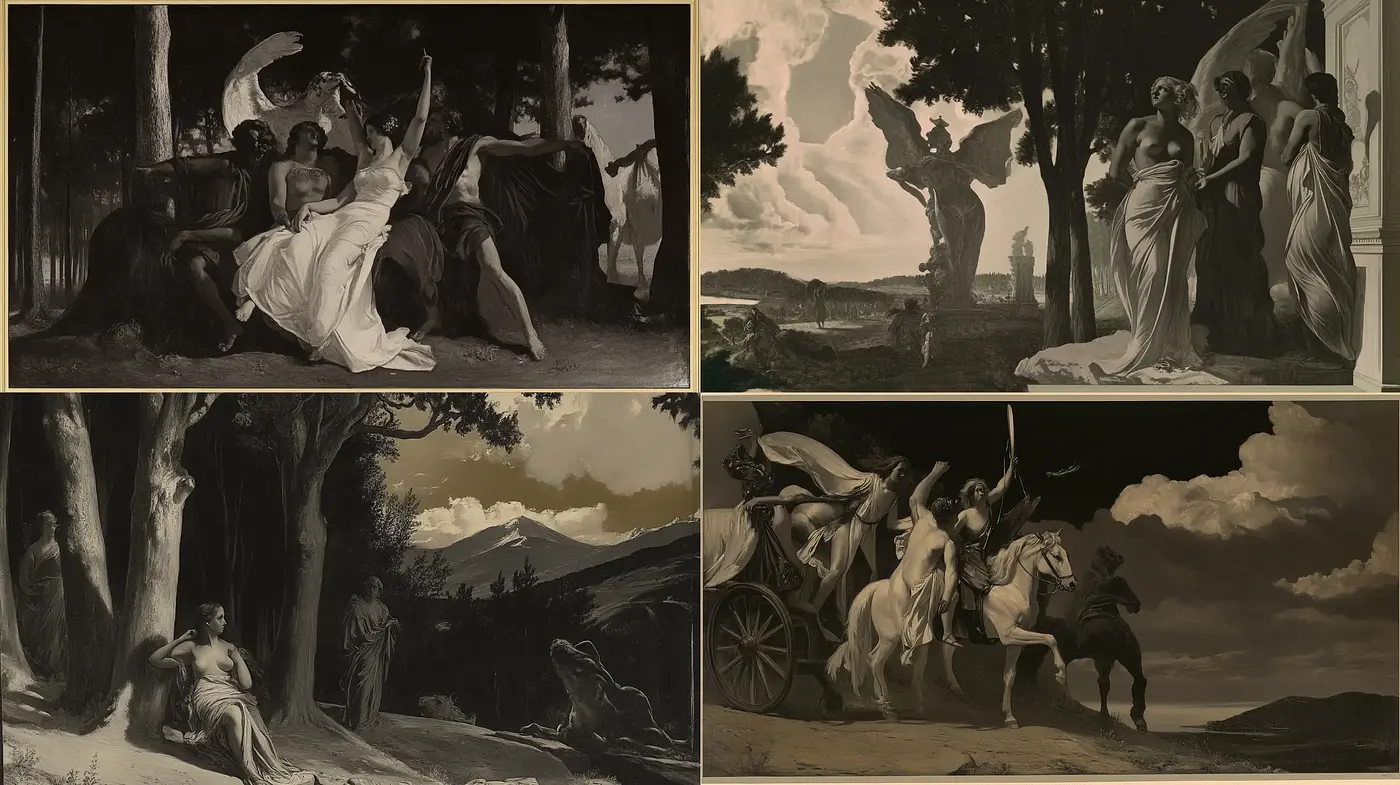 Neo-Classical Echoes in Monochromatic Tableaux - Midjourney sref style