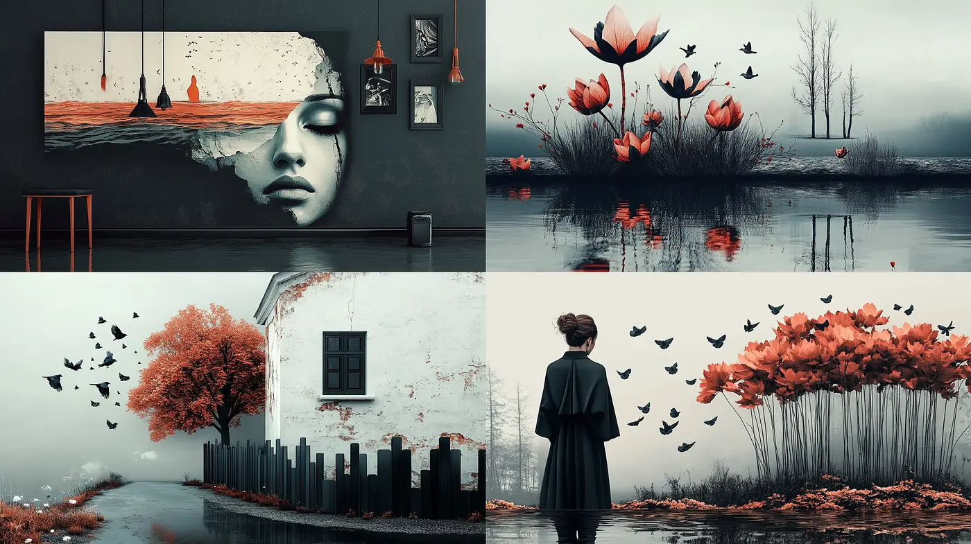 Melancholic Serenity in Monochromatic Shades with Surrealist Touch - Midjourney sref style