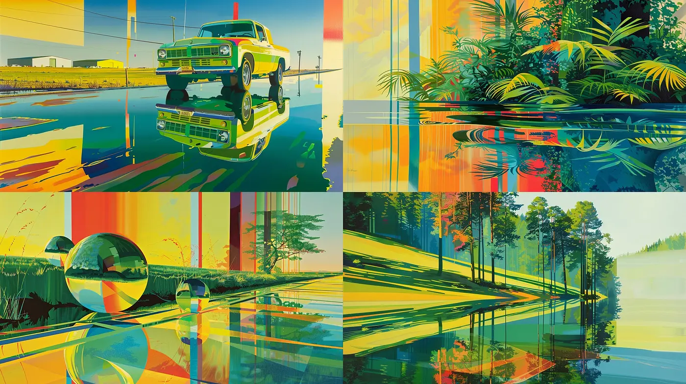 Vibrant Chromatic Synthesis: A Fusion of Vivid Hues and Retro-Futuristic Landscapes - Midjourney sref style