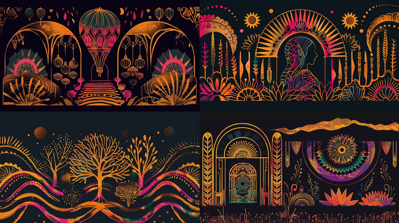 Enigmatic Midnight Garden: A Fusion of Art Nouveau and Psychedelic Patterns - Midjourney sref style