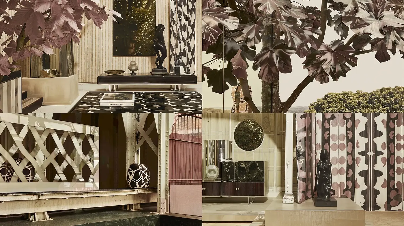 Sepia-toned Retro Vignettes with Geometric Patterns - Midjourney sref style