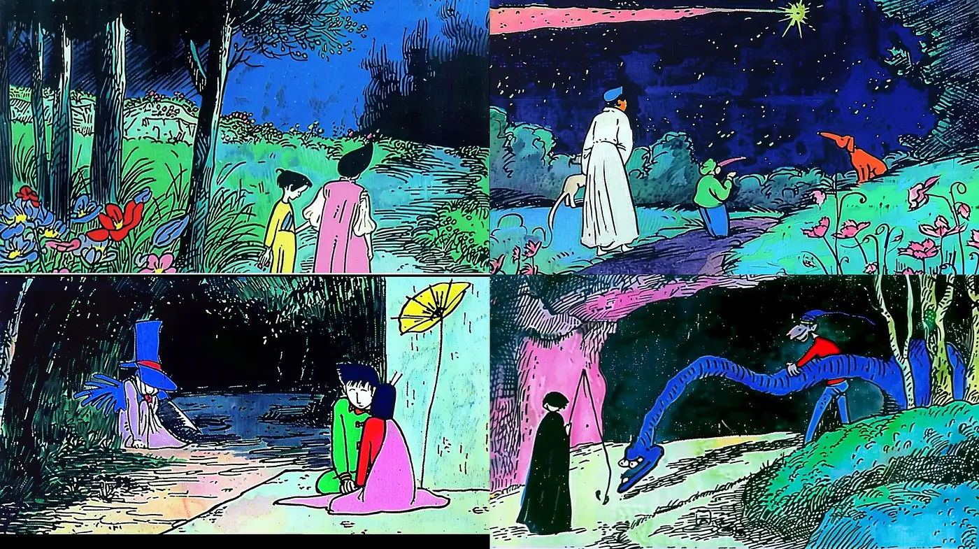 Luminous Nocturnal Dreamscape in Bold Contour Lines - Midjourney sref style