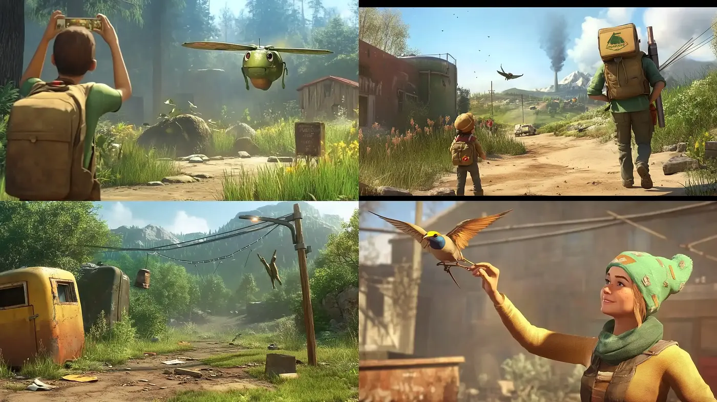 Lush Verdant Scenes with Heartwarming Animated Characters - Midjourney sref style