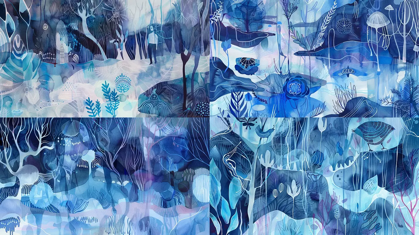 Ethereal Aquatic Dreamscape in Surreal Blues - Midjourney sref style