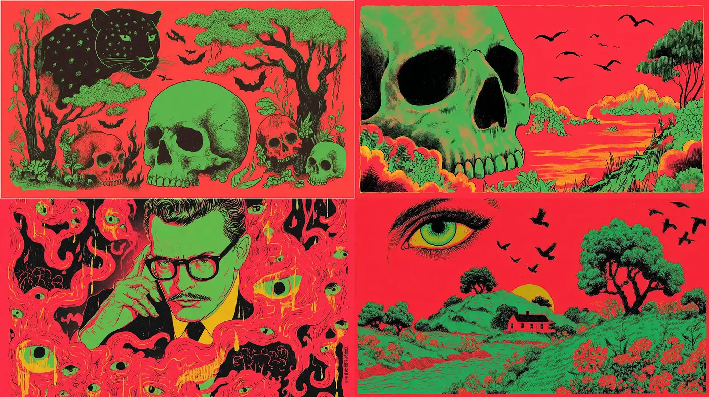 Eclectic Vivid Surrealism with Macabre Elements - Midjourney sref style