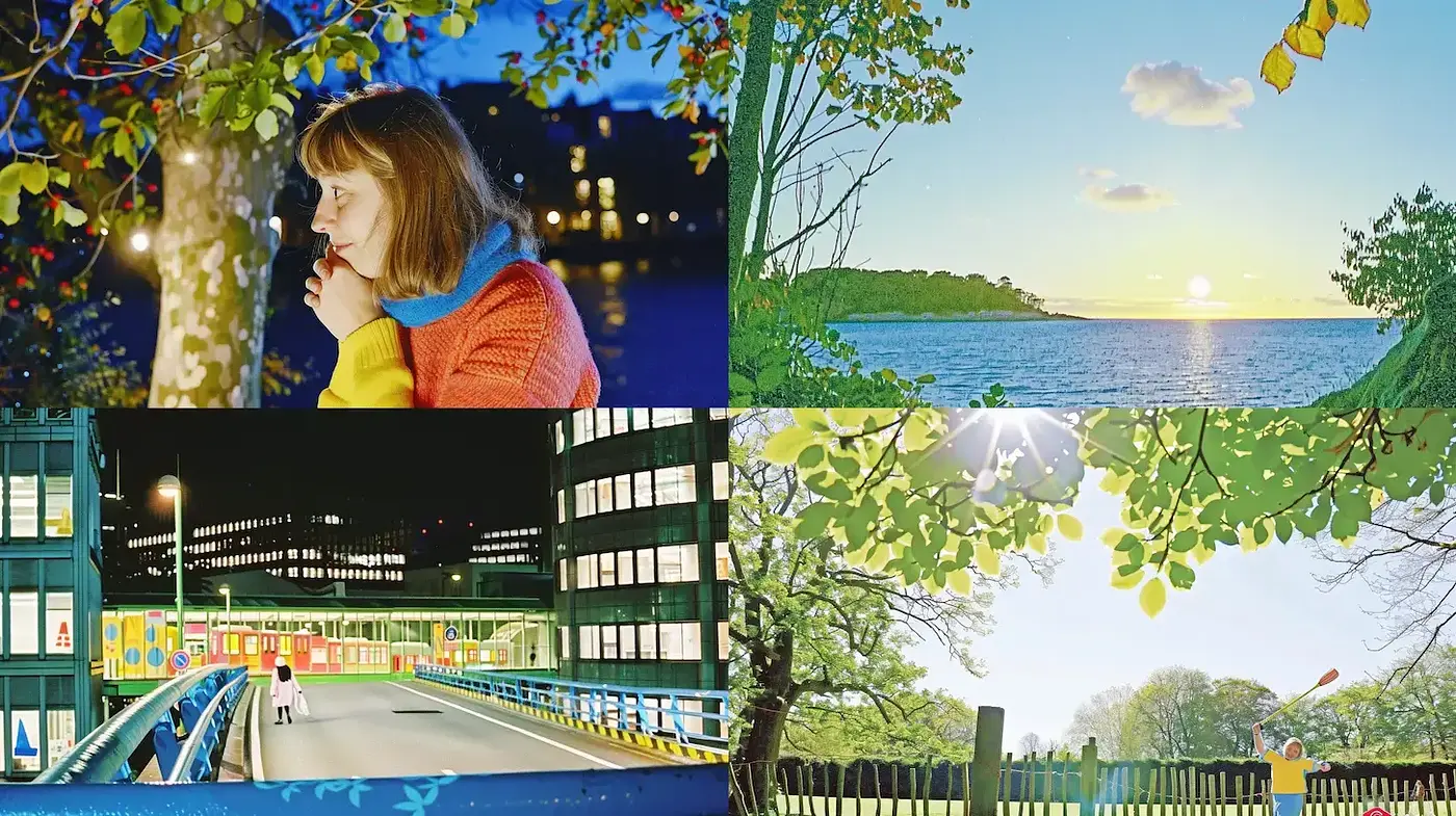 Whimsical and Tranquil Urban and Natural Landscapes with a Playful Color Palette - Midjourney sref style