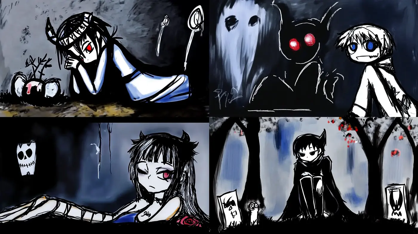 Gothic Noir Cartoonism with a Striking Red Accent - Midjourney sref style