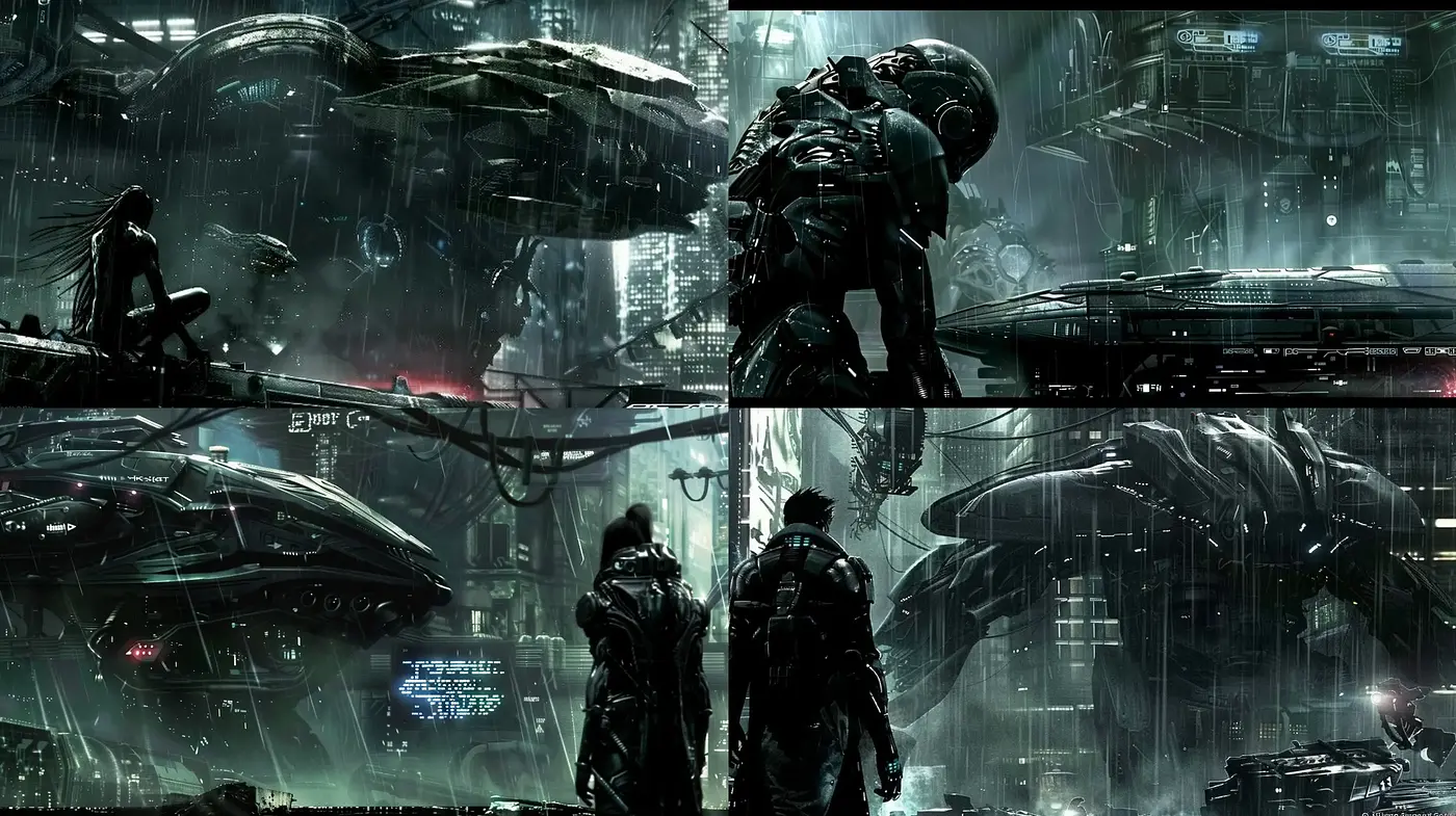 Cybernetic Dystopia: Rain-Soaked Future Cityscapes with Neon Glints - Midjourney sref style