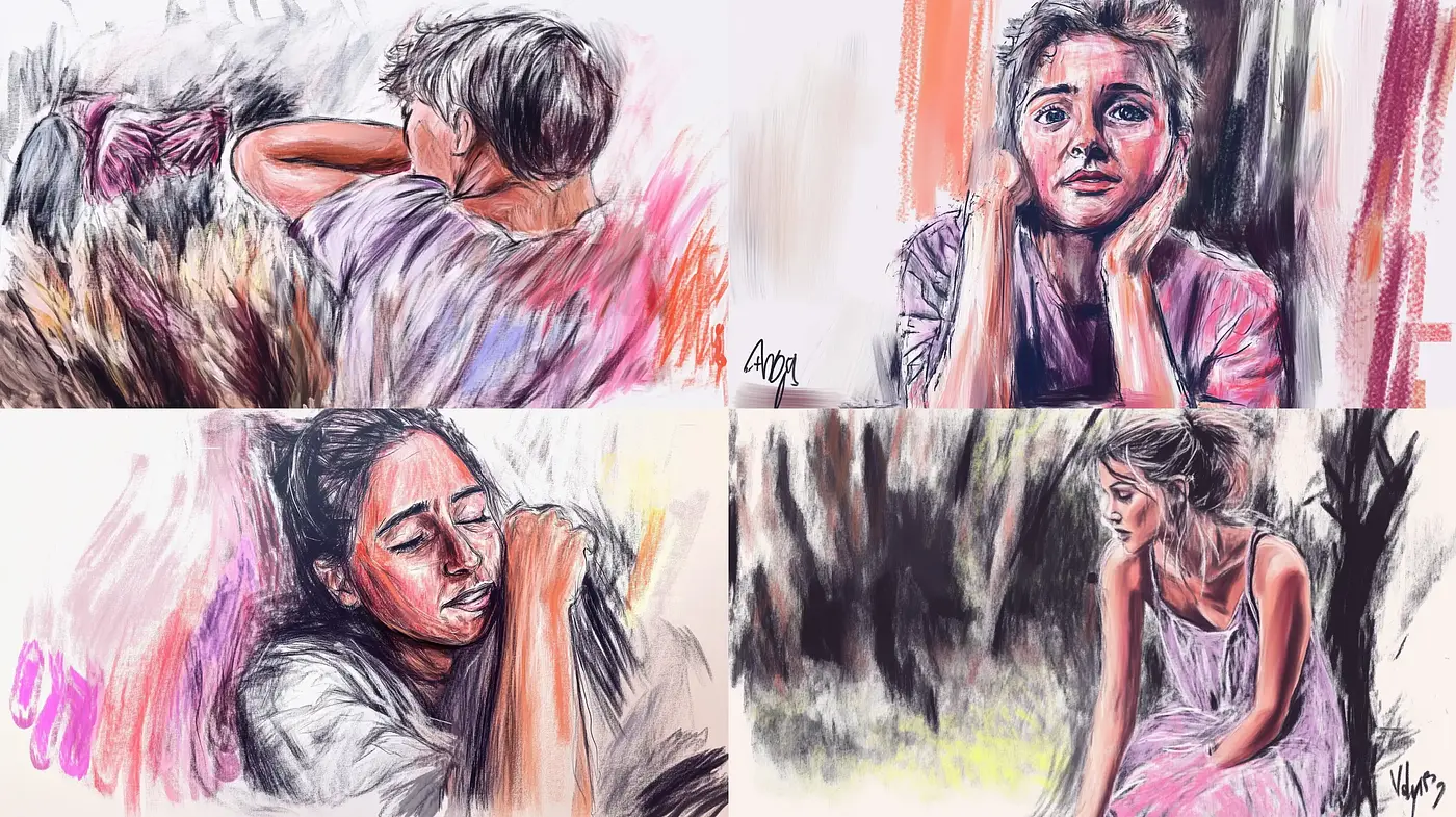 Expressive Brushwork and Emotive Pastel Vignettes - Midjourney sref style