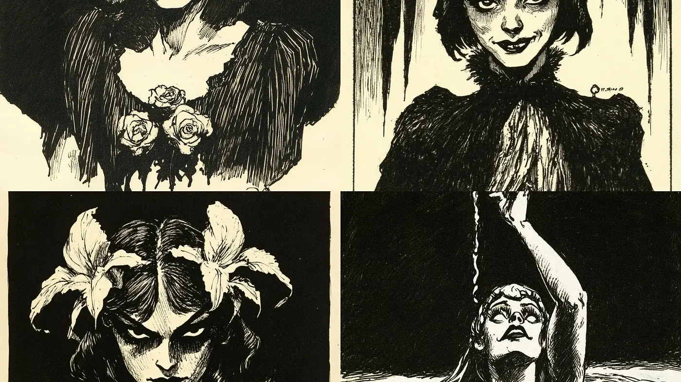 Expressionist Shadows: Stylized Noir Illustrations with High-Contrast Visuals - Midjourney sref style