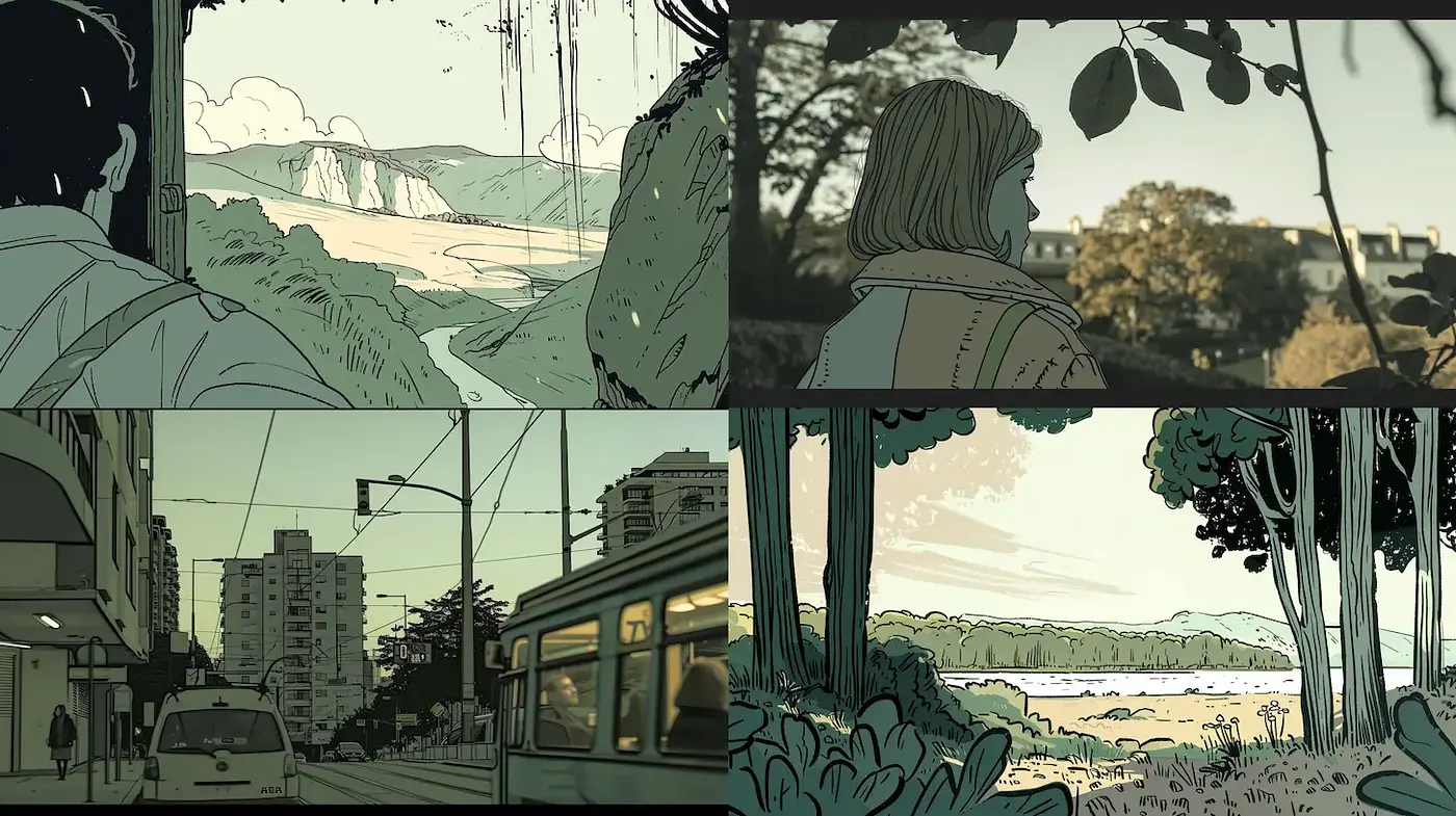 Stylized Narrative Landscapes with Subtle Nostalgia - Midjourney sref style