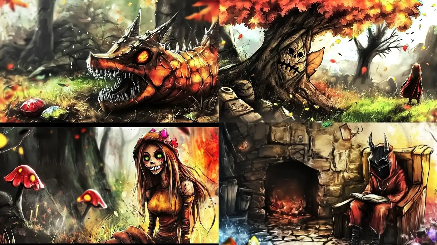 Enigmatic Autumnal Fantasy: A Tapestry of Mythical Warmth and Eerie Whimsy - Midjourney sref style