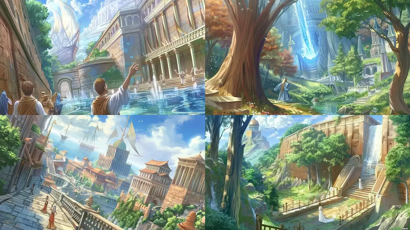 Lush, Ethereal Utopian Landscapes with Architectural Grandeur - Midjourney sref style