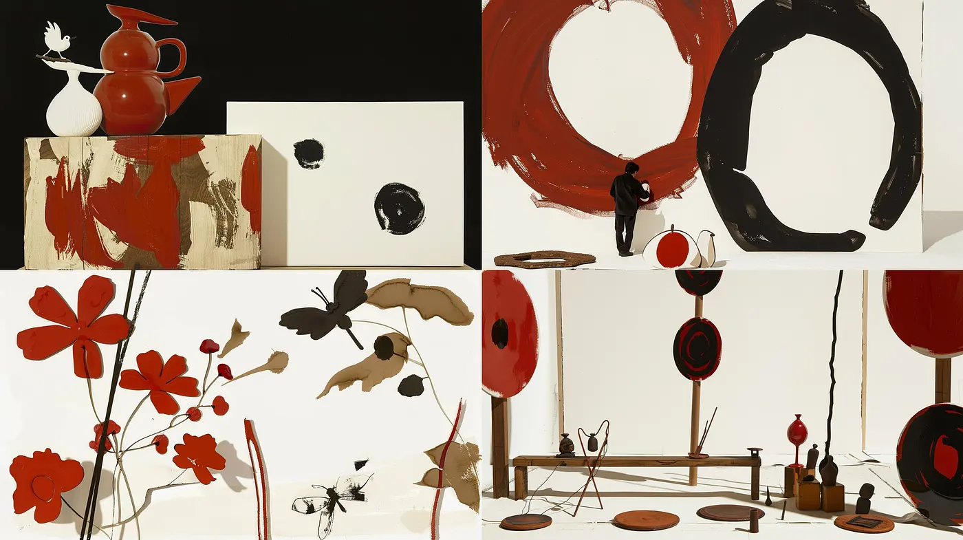 Abstract Botanical and Geometric Expressions with a Bold Red Accent - Midjourney sref style