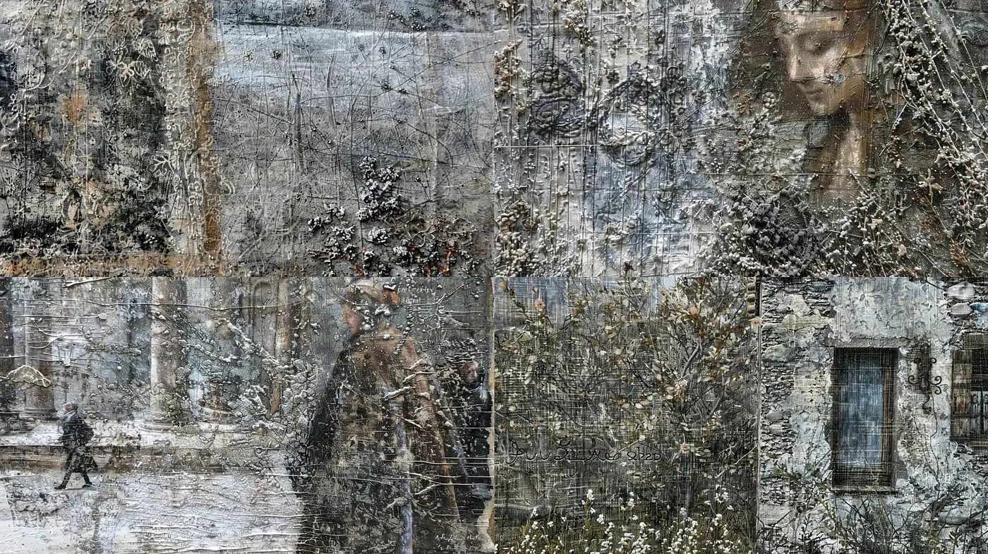 Weathered Textural Collage with Subdued Historical Essence - Midjourney sref style