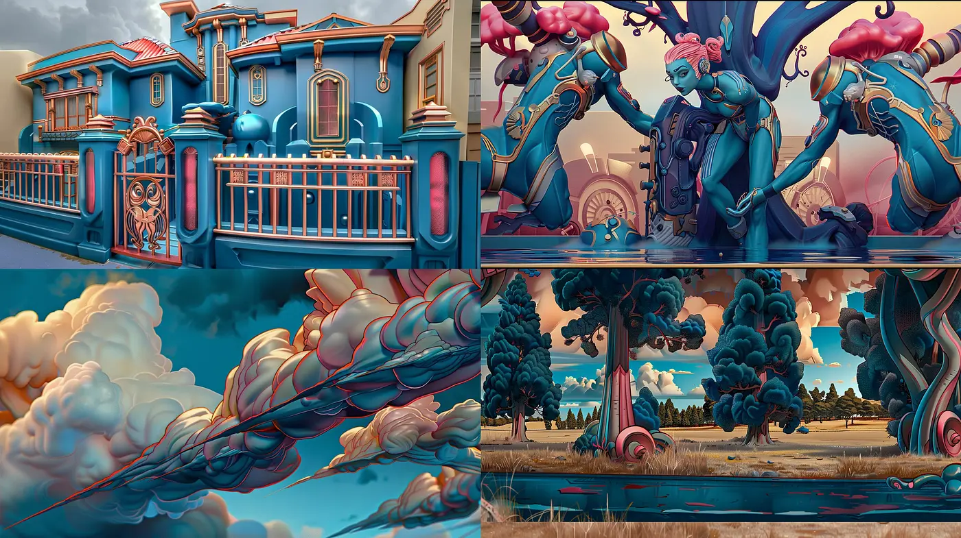 Surreal Dreamscape in Vivid Hues: A Fusion of Cybernetic Baroque and Lush Pastoral Imagery - Midjourney sref style