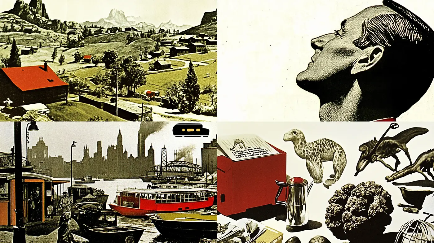 Retro-Futuristic Montage with Surreal Overtones - Midjourney sref style