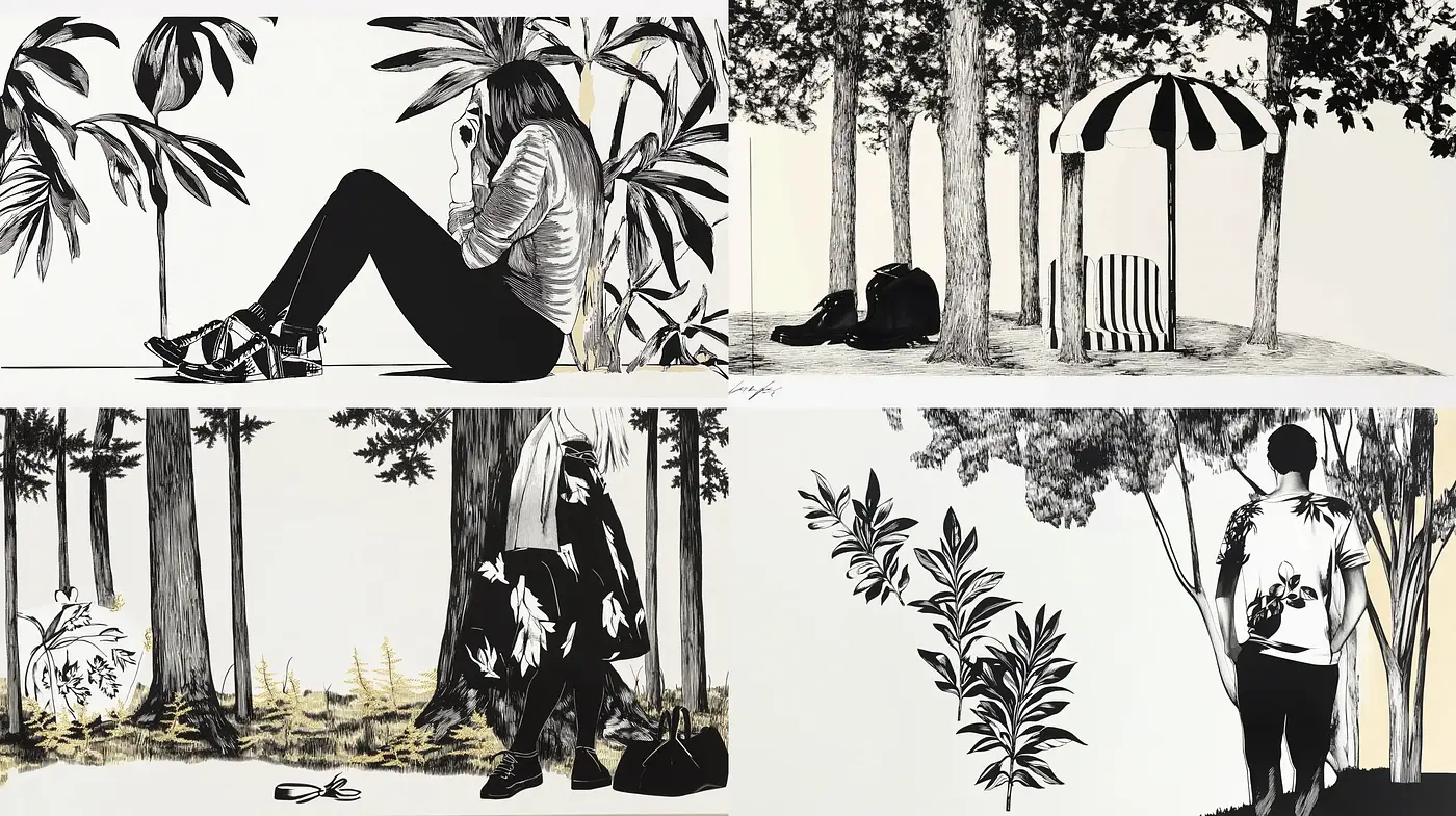 Monochrome Graphical Storytelling with Botanical Accents - Midjourney sref style