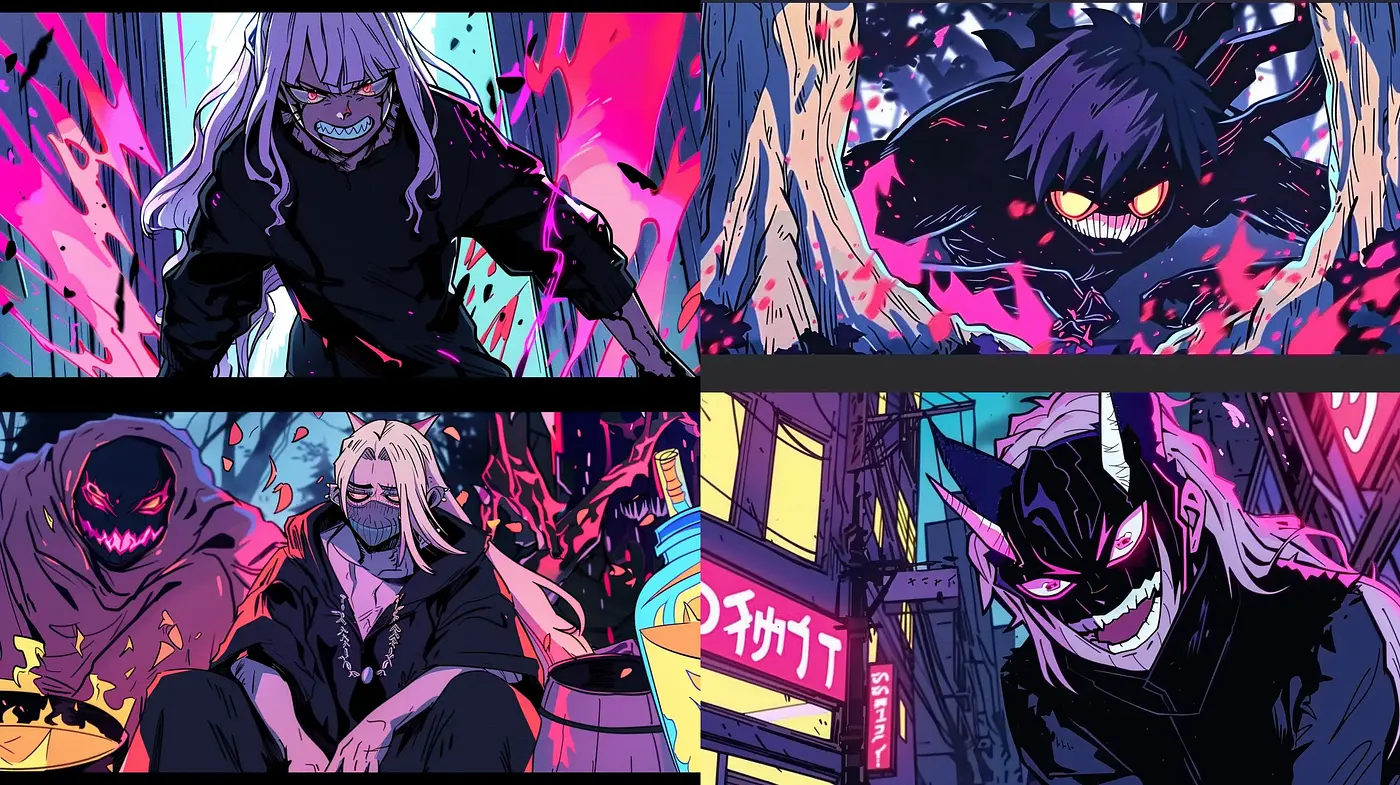 Electric Nocturne: A Synthesis of Vibrant Expressionism and Dark Anime Aesthetics - Midjourney sref style