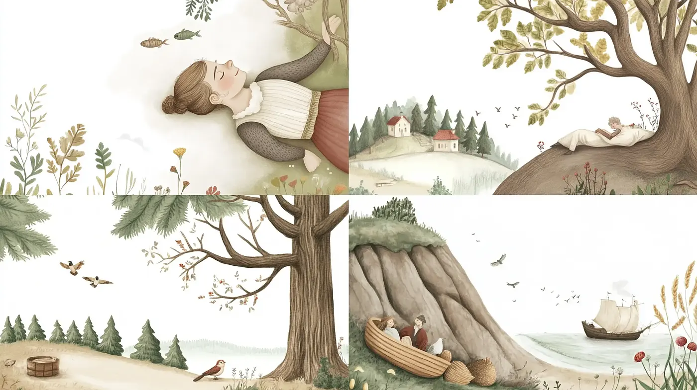 Serene Pastoral Portraits with Whimsical Nature Elements - Midjourney sref style
