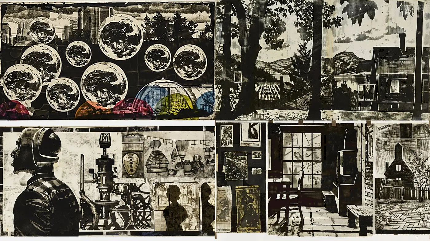 Monochrome Mosaic of Nostalgic Narratives in Stippled and Crosshatched Vignettes - Midjourney sref style