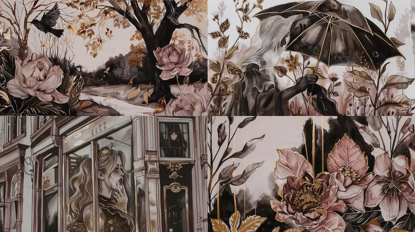 Romantic vintage botanical elegance with a touch of melancholy - Midjourney sref style