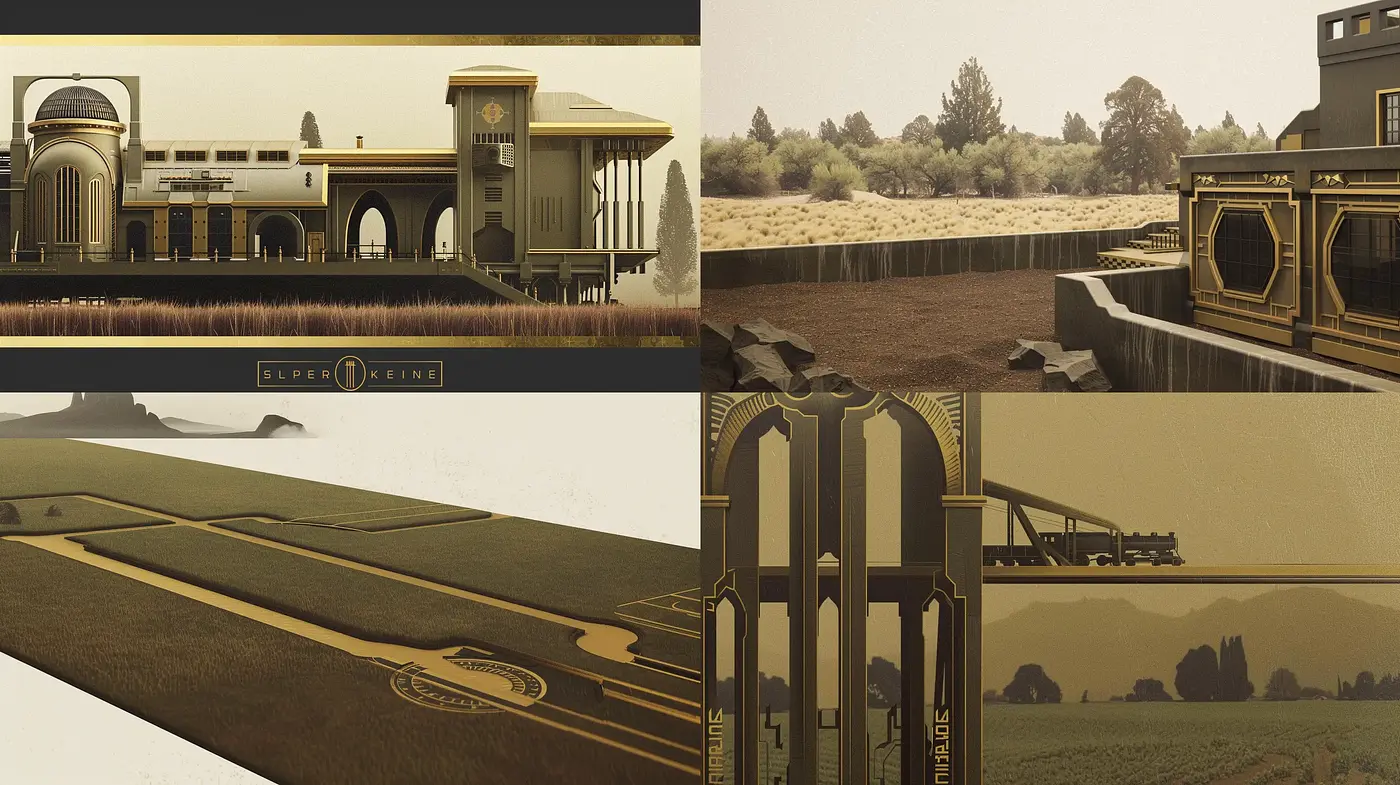 Monochromatic Sepia Tones in Stylized Industrial Vistas - Midjourney sref style