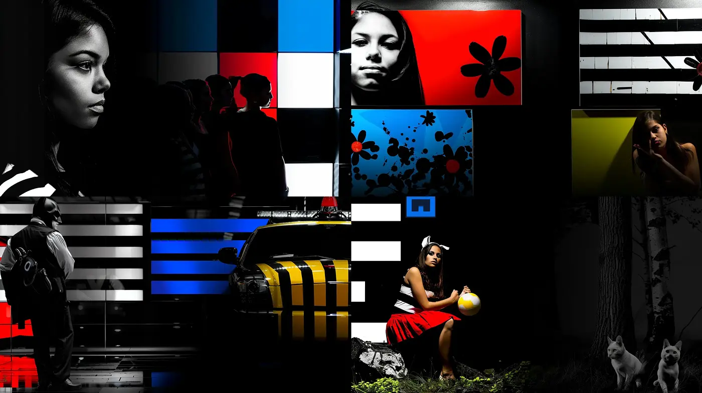 Noir-Inspired Chromatic Contrast with Surrealist Elements - Midjourney sref style