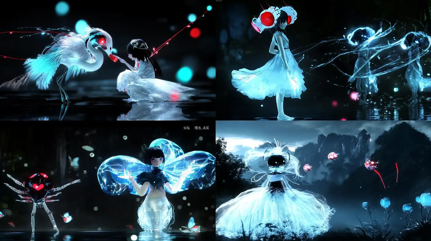Ethereal Luminescence: A Dance of Whimsical Figures Adorned with Light in Nocturnal Serenity - Midjourney sref style