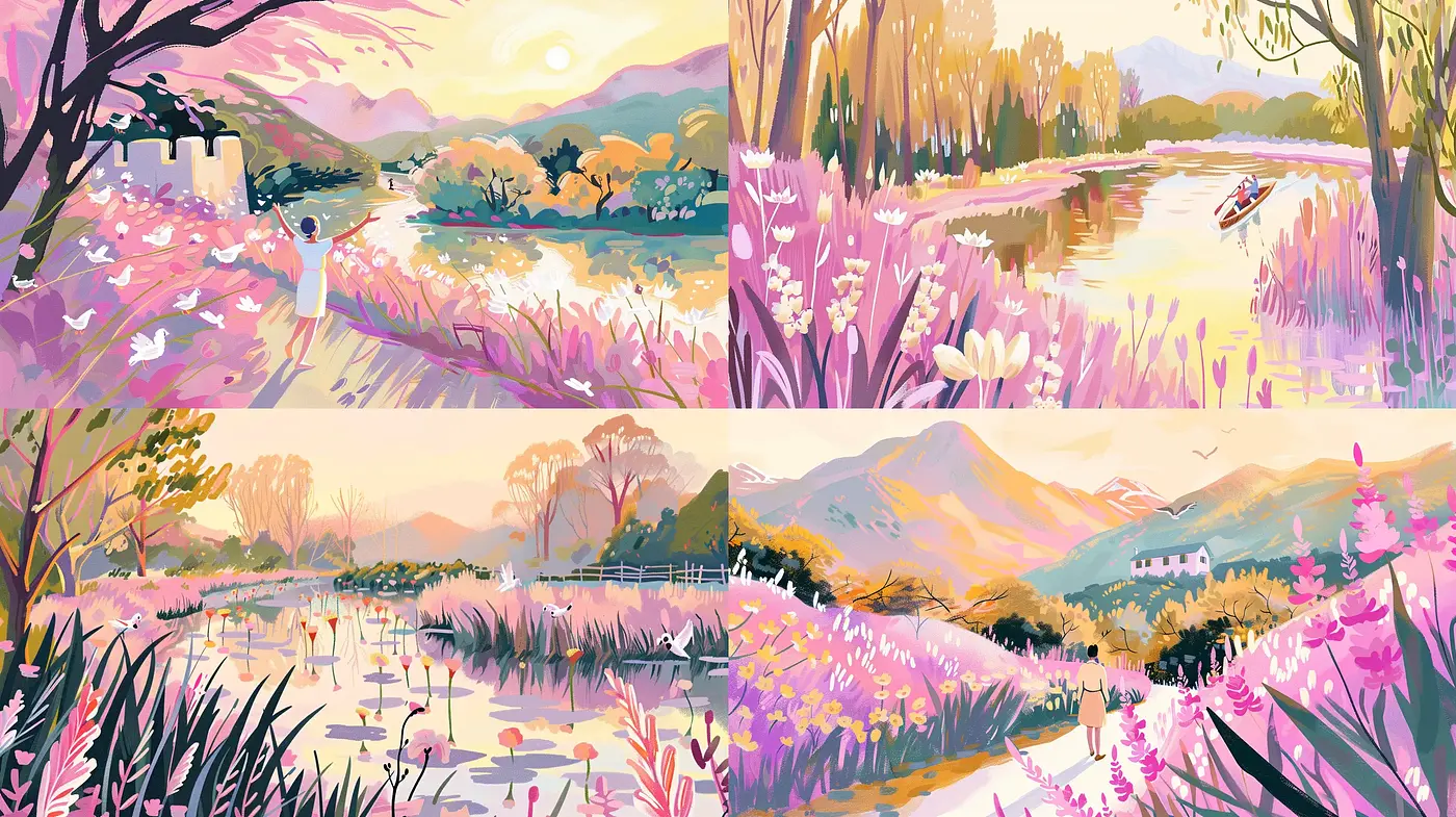 Pastel Dreamscape Panoramas with Expressive Strokes and Luminous Warmth - Midjourney sref style