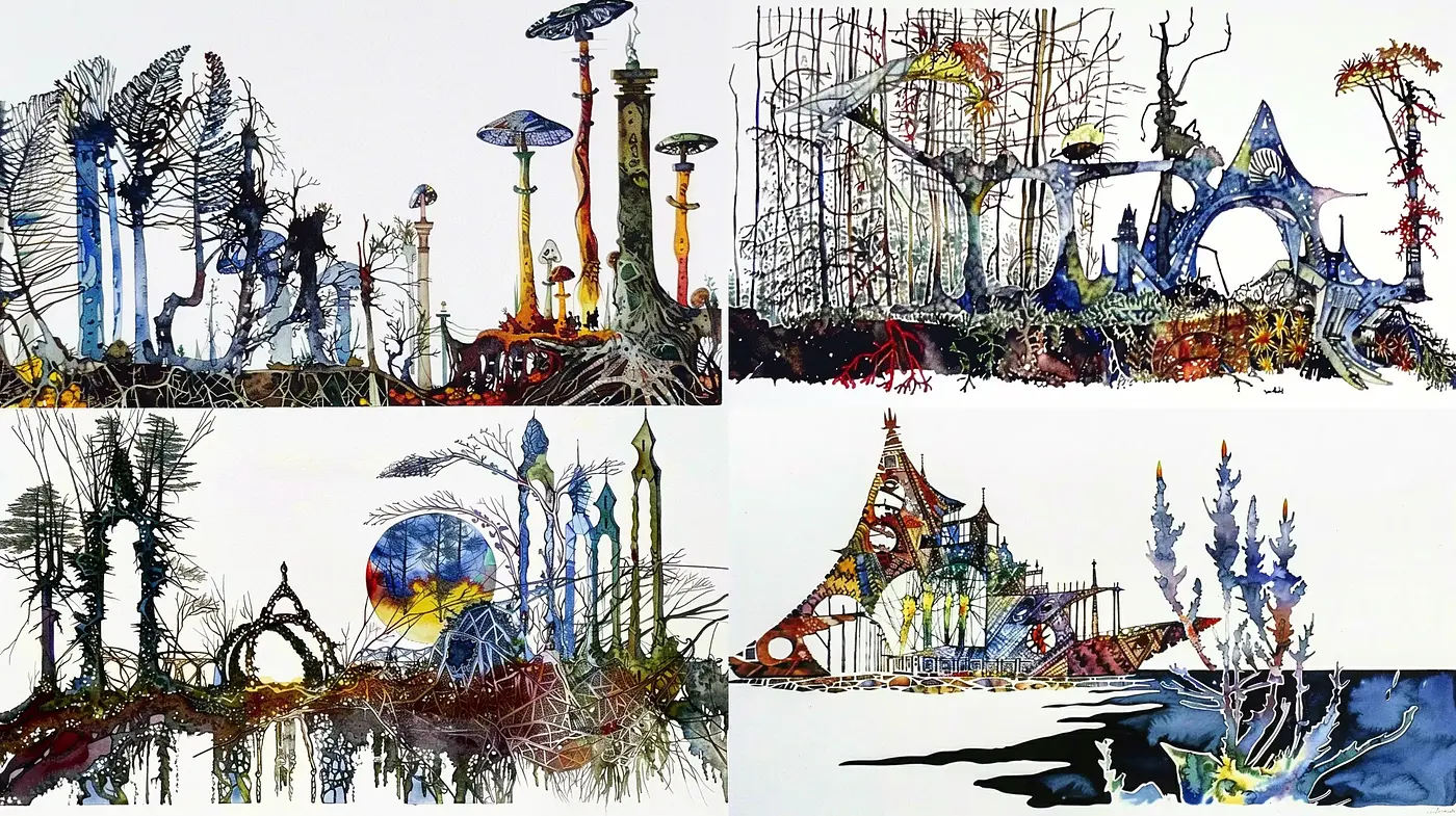 Surreal Arboreal Dreamscape with Inky Contrasts and Splashes of Color - Midjourney sref style
