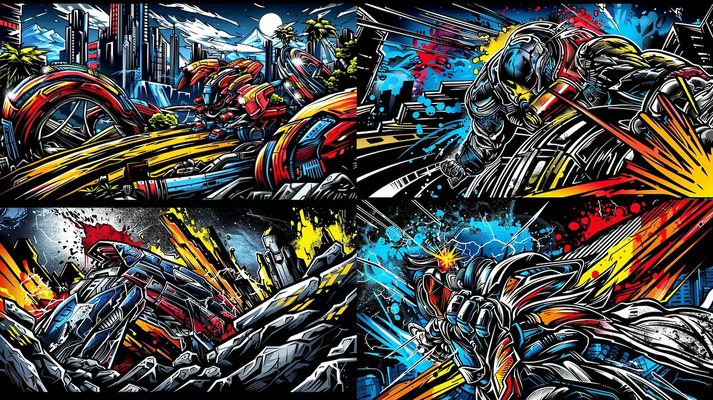 Dynamic and Vibrant Comic Style with High Contrast Elements - Midjourney sref style