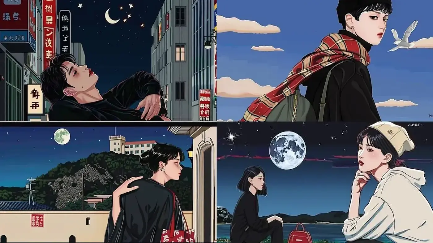 Stylized Urban Nightscape Illustrations with Nostalgic Vibe - Midjourney sref style