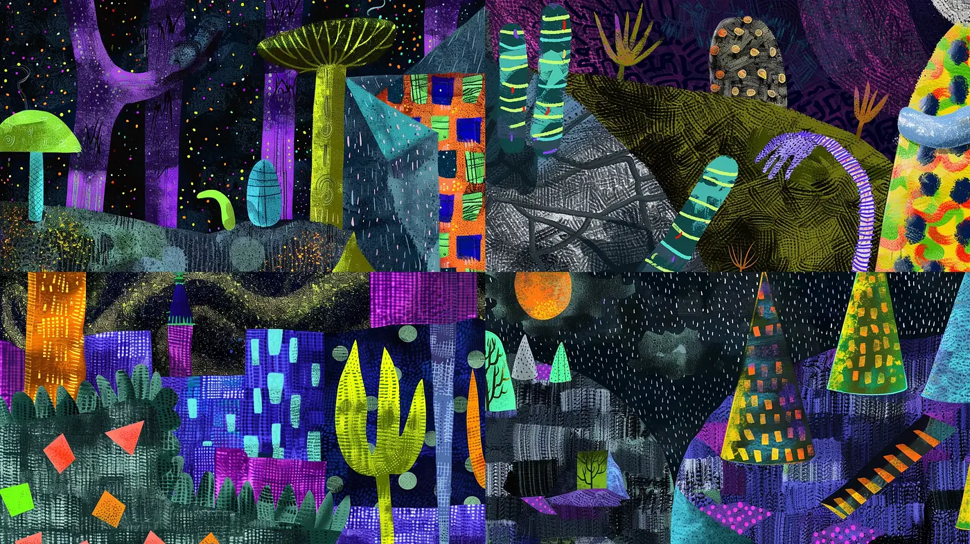 Enigmatic Patchwork Fantasy Landscape - Midjourney sref style