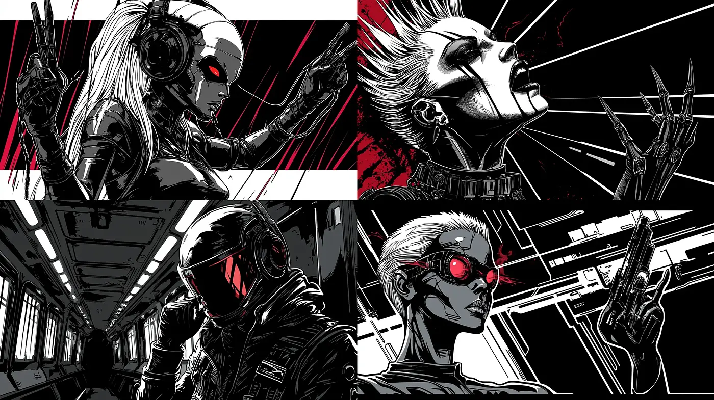 Stark High-Contrast Cyberpunk Aesthetic with Graphic Novel Influence - Midjourney sref style